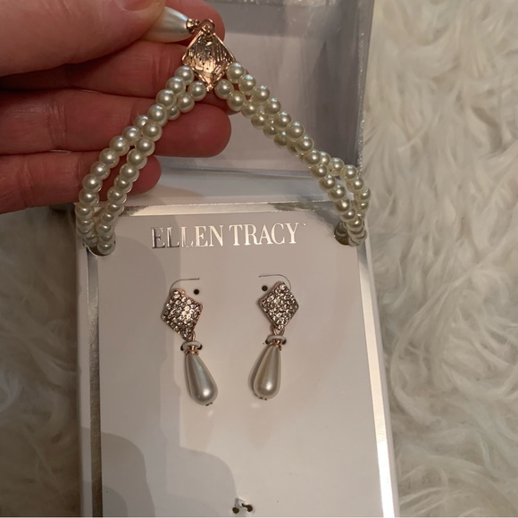 pearl & pavé rhinestone necklace & earring set by Ellen Tracy NEW!! rose gold - Picture 7 of 9